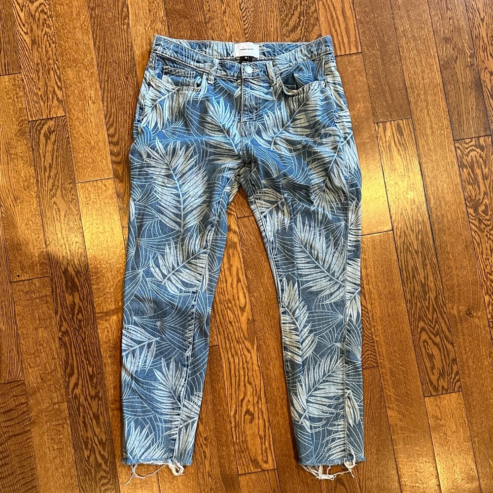 Current Elliott leaf print jeans. Rough hem